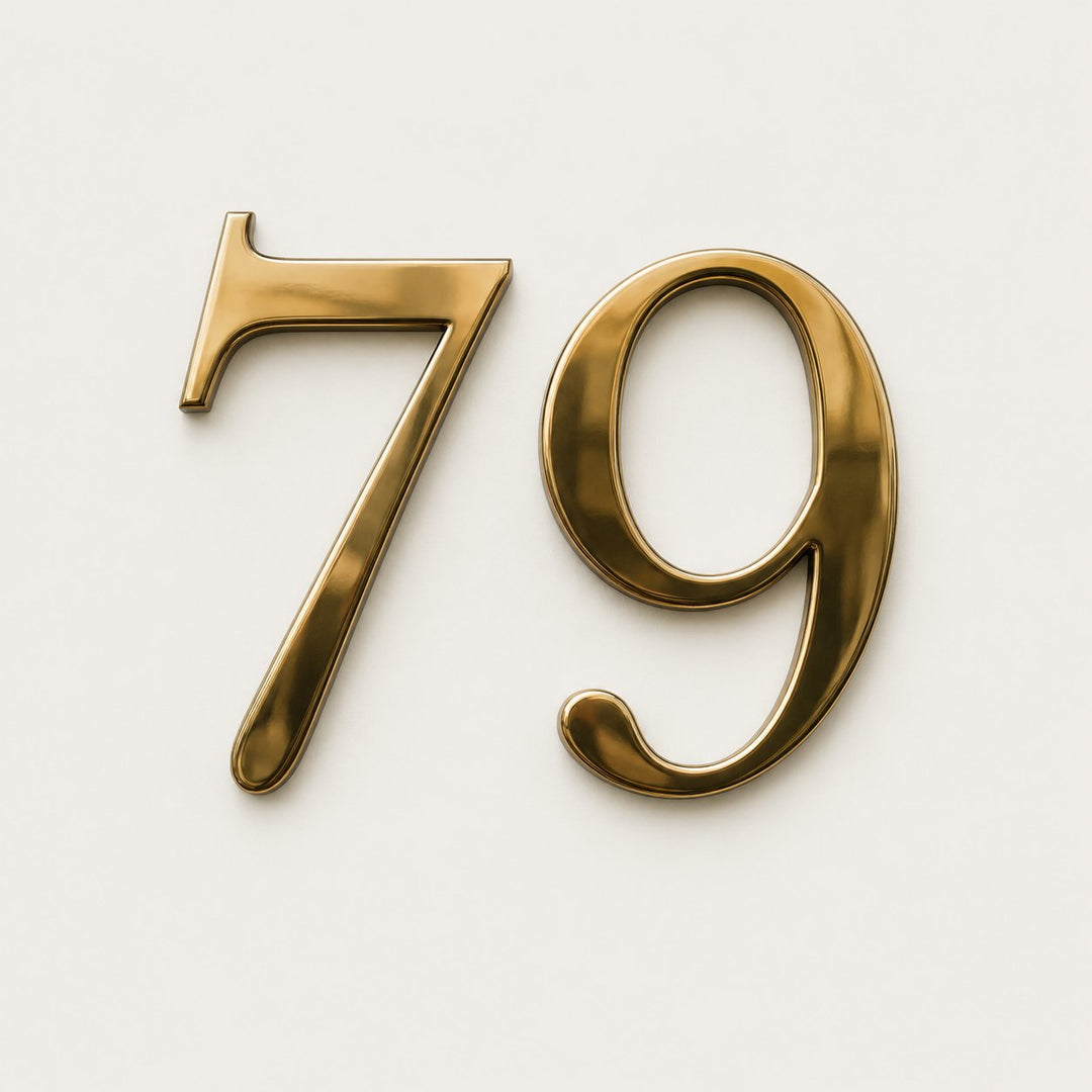 Solid brass door numbers in brushed and polished finishes on an apartment door